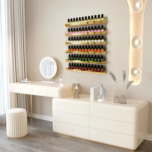 Vista 3 de YMVV Estantes de esmalte de uñas montados en la pared, estante organizador de esmalte de uñas con acabado de espejo dorado de 5 pulgadas, estante