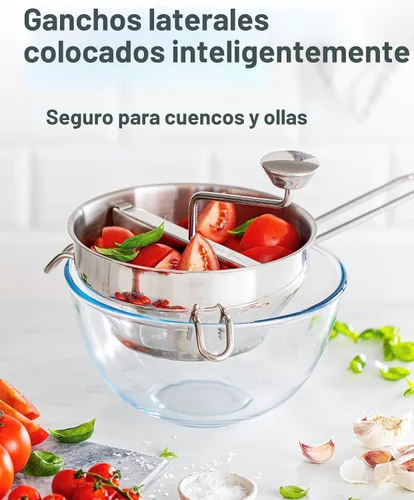 Vista 6 de Molinillo de alimentos de acero inoxidable con 3 discos, manivela giratoria ergonómica para salsa de tomate, puré de manzana, comida para bebés
