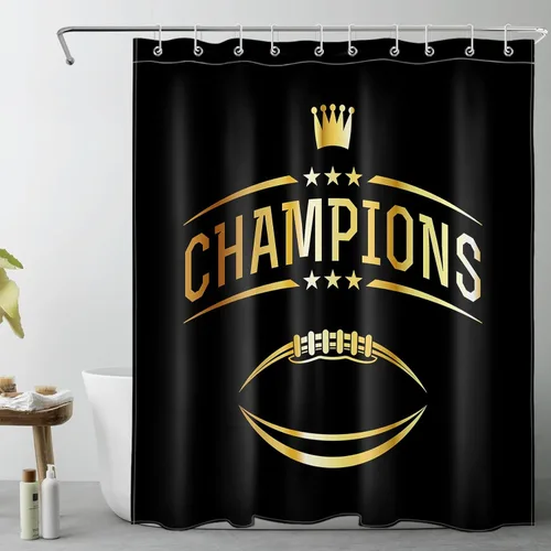 Vista 38 de LB Cortina de ducha de fútbol americano, juego deportivo, acuarela, fondo negro, cortina de baño de dibujos animados, tela de poliéster decorativa