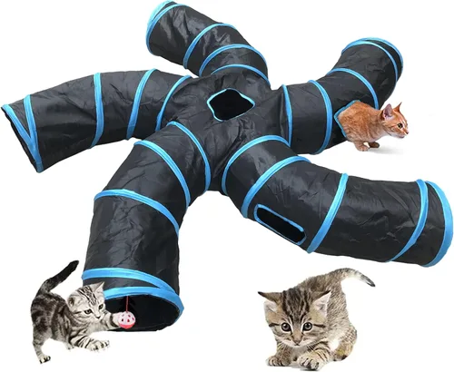 Vista 6 de Túnel para gatos, túneles plegables grandes de 3 vías con 4 agujeros de mirada, juguete interactivo para gatos en forma de S, juguete interactivo
