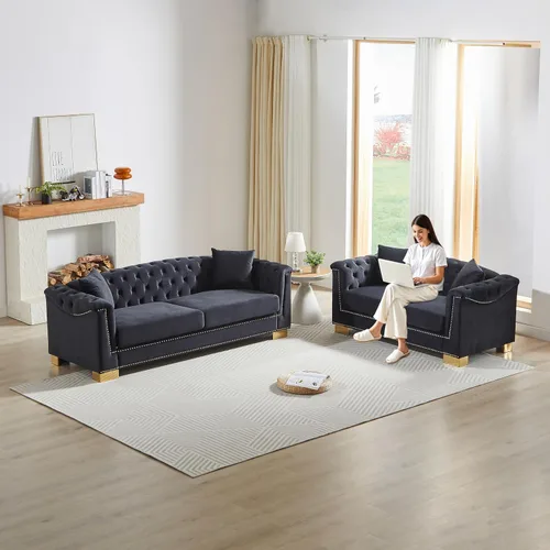 Vista 11 de Chesterfield - Juego de 2 sofás combinados de terciopelo de 3 plazas, 4 cojines clásicos de 6.5 pulgadas, brazo enrollado moderno adecuado para sala