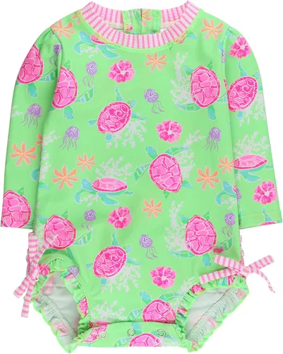 Vista 61 de RuffleButts - Traje de baño de una pieza con protección solar UPF 50+, camiseta de protección floral estampado, manga larga, con cierre zipper