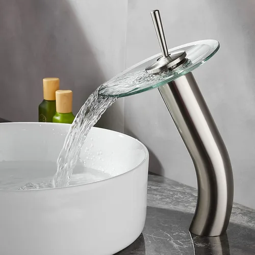 Vista 9 de Grifo de Baño de Cascada de Vidrio con Mango Único de Latón Macizo para Lavabo Lavatorio Vessel Sink Vanity, Alto, Negro