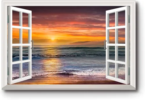 Vista 16 de Renditions Gallery Impresiones de pared de naturaleza para decoración de ventana para el hogar Inundado en la playa de arena, lienzo colgante