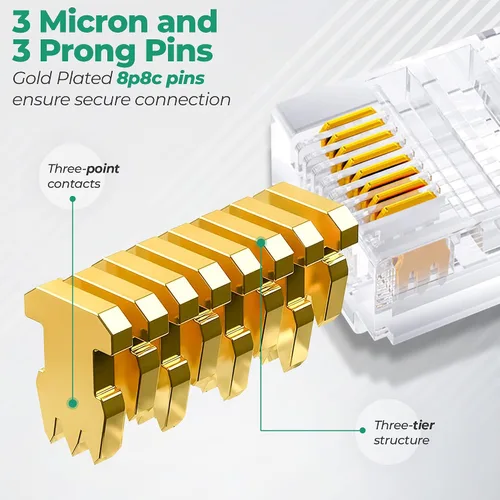 Vista 3 de Conectores de paso RJ45 Cat6, conectores de crimpado de cable Ethernet chapados en oro, enchufe de red UTP para cables sólidos y cables Ethernet
