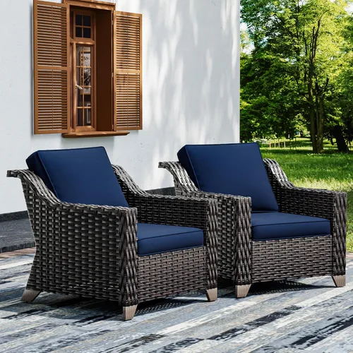 Vista 10 de Joyside Juego de 2 sillas de mimbre para patio, muebles de ratán para exteriores con reposabrazos anchos y cojines gruesos, tamaño grande mejorado