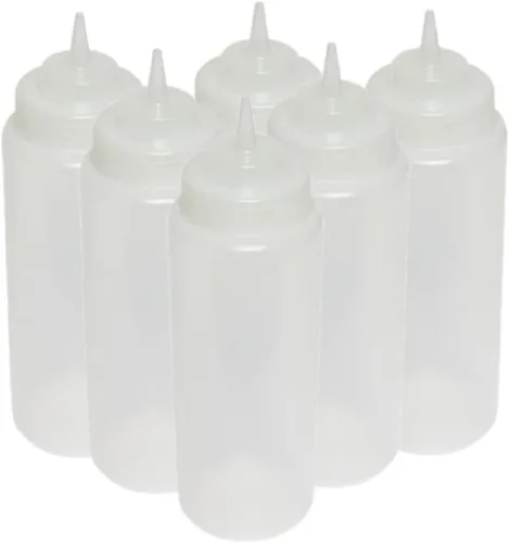 Vista 11 de TrueCraftware - Juego de 6 botellas dispensadoras de condimentos transparentes de boca ancha de 24 onzas, a prueba de fugas, botellas para aderezo