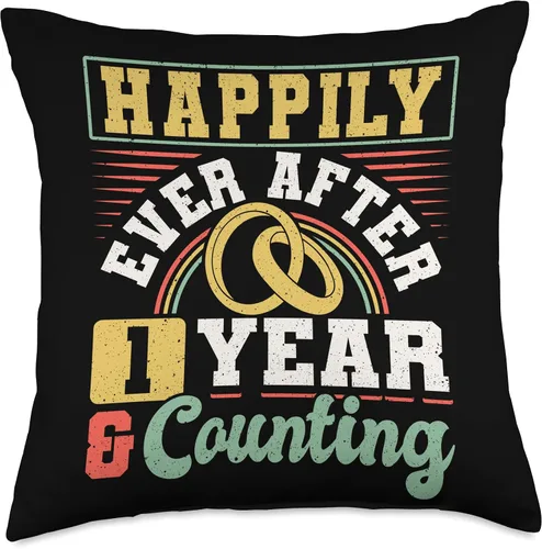 Vista 4 de Married Couples Matching Apparel JM0 1er aniversario de boda Happily Ever After 1 año y almohada, 16 x 16 pulgadas, multicolor