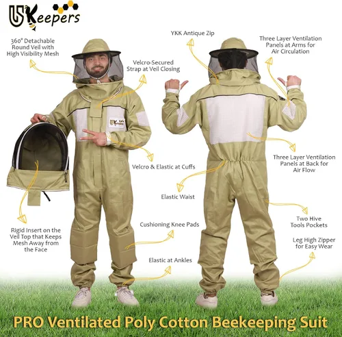 Vista 5 de Traje de apicultura de polialgodón ultra ventilado para hombres y mujeres con guantes y dos velos de apicultura, traje de apicultura profesional