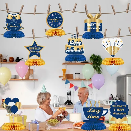 Vista 4 de 9 piezas de decoración de feliz jubilación, centros de mesa de nido de abeja, suministros de fiesta, suministros de aventura de jubilación