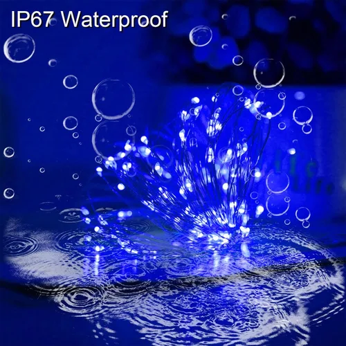 Vista 3 de Tira de luces solares azules de Navidad al aire libre impermeables, 2 paquetes, total 200 LED, 20.1 m, 8 modos, luces de hadas de cobre