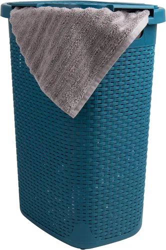 Vista 9 de Mind Reader Cesta de lavandería delgada con tapa, cesta de ropa de 60 L, diseño de mimbre premium, plástico, azul bebé