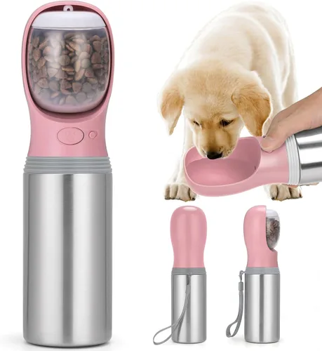 Vista 11 de Botella de agua portátil para perros, 14 onzas, dispensador de agua de acero inoxidable a prueba de fugas para cachorros con alimentador