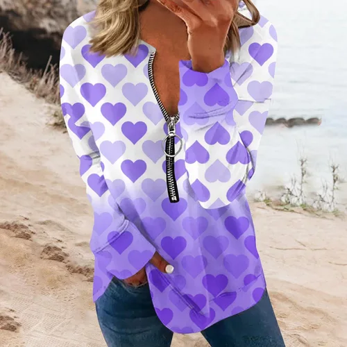 Vista 2 de FlekmanArt Womens Long Sleeve Tops Quarter Zipper Long Sleeve Outfit V Neck Printing Sweatshirts Comfy Dressy T Shirts