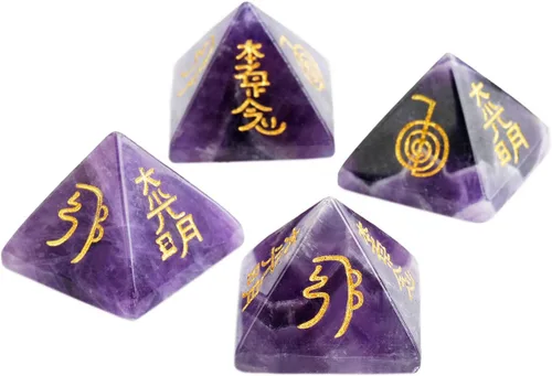 Vista 5 de SUNYIK Pirámide de piedra de amatista, generador de energía de punto de cristal, grabado curativo chakra, símbolo de Reiki, decoración metafísica