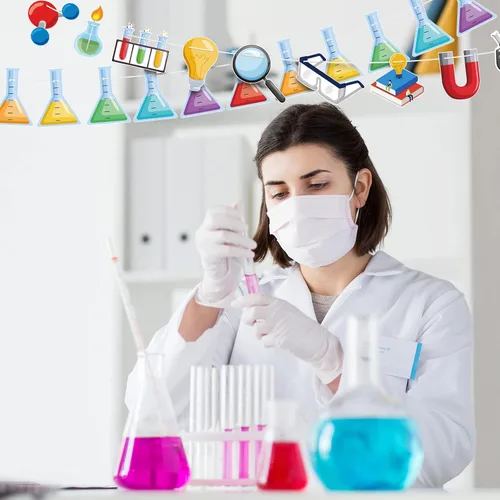 Vista 3 de Wettarn - 5 piezas de decoraciones de regreso a clases, pancartas de laboratorio de ciencia, química, laboratorio, fiesta, guirnalda colgante