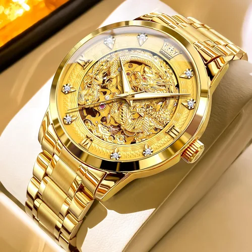 Vista 4 de OLEVS Dragon Skeleton Reloj automático para hombre, 1.654 pulgadas, esfera grande, dorado, de lujo, cuerda automática, impermeable, acero