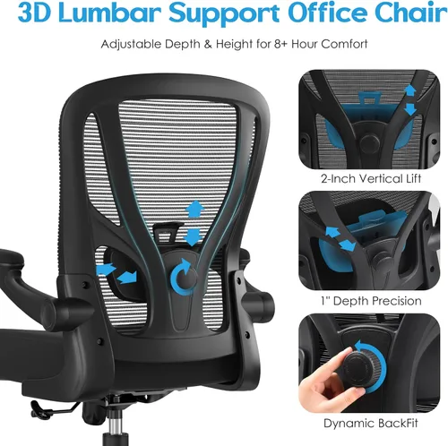 Vista 4 de Silla de oficina ergonómica de escritorio, silla de computadora de malla, silla de trabajo transpirable con ruedas, soporte lumbar ajustable, sillas