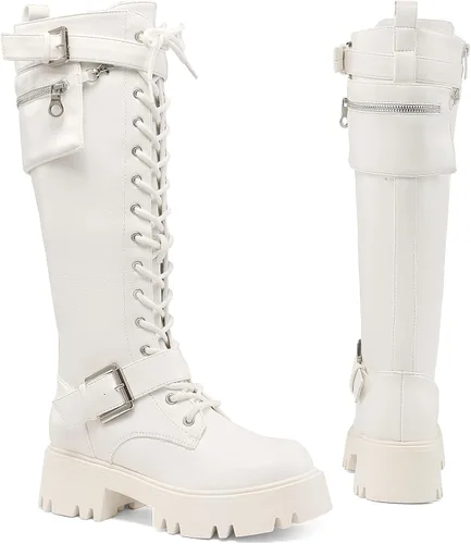 Vista 3 de DREAM PAIRS Botas altas de combate para mujer, plataforma de equitación, con cordones, suela de orejeta, gótica, con cremallera