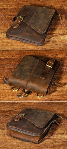 Vista 5 de Le'aokuu Riñonera pequeña de cuero genuino para hombre, bolsa de hombro para teléfono, cinturón y cintura, café Oscuro Grande