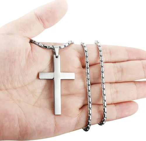 Vista 6 de ORAZIO 3MM Stainless Steel Chain Cross Pendant Necklace for Men 22 24 30 Inches