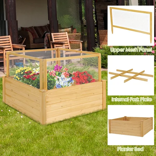 Vista 2 de Giantex Cama de jardín elevada con valla, maceta de madera elevada con valla de protección, contenedor de plantas de 9 rejillas, caja de plantas al