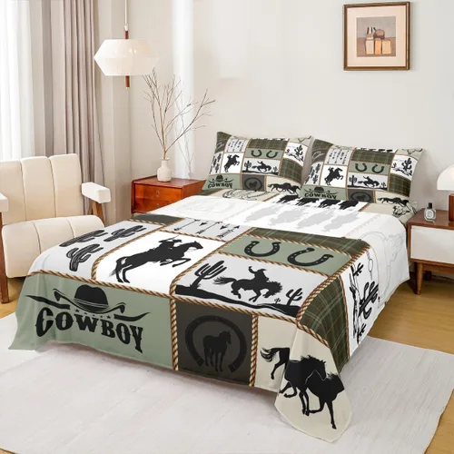 Vista 32 de Juego de sábanas para niños estilo vaquero occidental tamaño individual, juego de ropa de cama con diseño geométrico de cactus, decoración