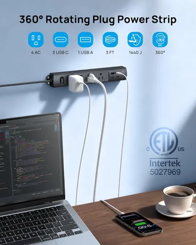 Vista 6 de Trond - Regleta protectora contra sobretensiones de montaje en pared con enchufe giratorio 360, 3 pies 4 AC, 3 USB-C & 1 USB-A, 1440J, 13A/1625W