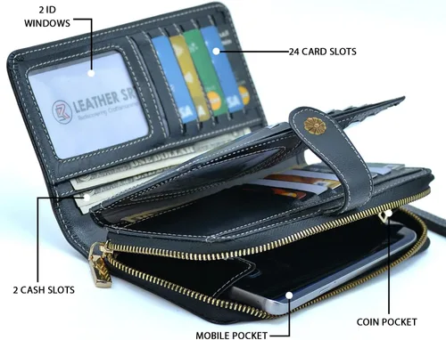 Vista 2 de Cartera de pulsera para mujer, gran capacidad con correa para la muñeca, piel auténtica, embrague triple RFID, bolso de pulsera negro, Negro