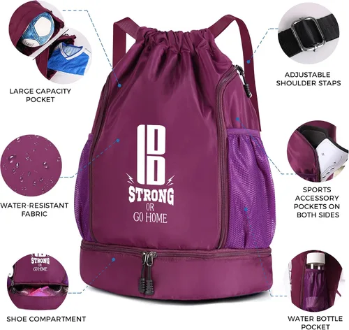 Vista 3 de brooman Bolsas de fútbol juveniles para niños y niñas, mochila para fútbol, baloncesto, voleibol y fútbol con compartimento para pelotas Púrpura