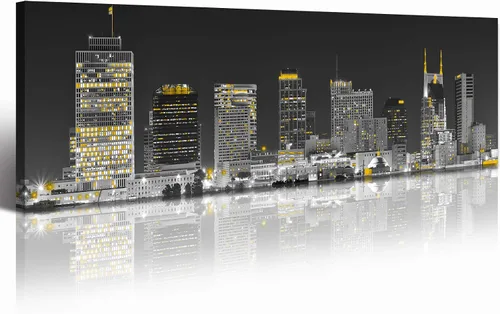 Vista 9 de JiazuGo Phoenix Skyline Arte de Pared en Lienzo - Paisaje Urbano de Arizona Enmarcado (14x48 Pulgadas) Negro y Blanco con Amarillo, Decoración