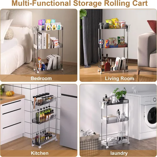 Vista 4 de VECELO Carrito rodante de acrílico de 3 niveles, carrito utilitario para almacenamiento de cocina, estantes móviles organizadores deslizables con 2