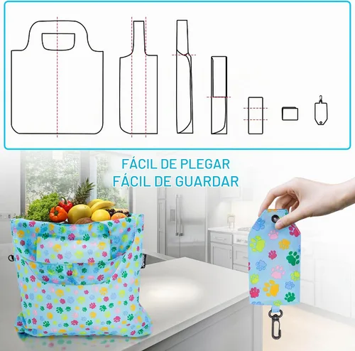 Vista 5 de HOLYLUCK Bolsas de comestibles reutilizables, bolsa de compras plegable resistente (estándar, 3 huellas de patas de perro azules)