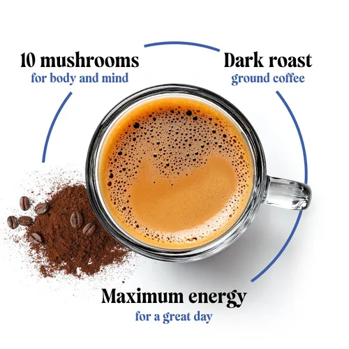 Vista 3 de Shroomzup Café de hongos molidos para preparar – 10 hongos tostado oscuro – melena de león, reishi, chaga, cola de pavo, cordyceps, café de hongos