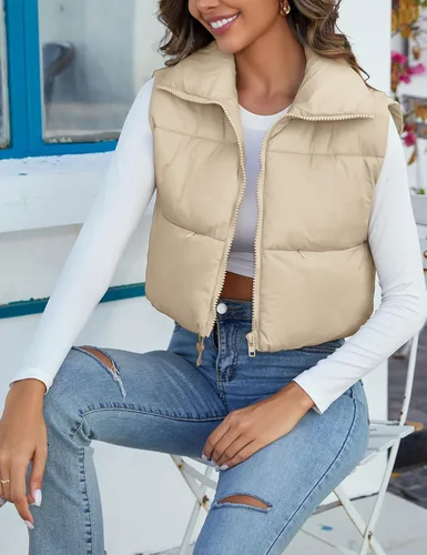 Vista 4 de PEHMEA Chaleco acolchado para mujer, cuello alto, ligero, sin mangas, con cremallera, chaleco de abrigo