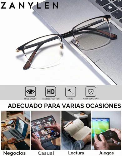 Vista 3 de ZanyLen Blue Light Blocking Glasses Men Computer Gaming Glasses Rectangle Metal Semi-rimless Frame