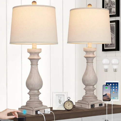 Vista 10 de Cinkeda Juego de 2 lámparas de mesa de 29 pulgadas de alto para sala de estar, lámparas vintage para mesita de noche con puertos USB C+A y salida