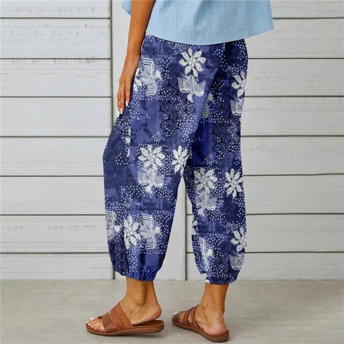 Vista 7 de DUOWEI Pantalones casuales relajados para mujer, pantalones capri de cintura alta con cordón y bolsillos, pantalones cortos de pierna ancha