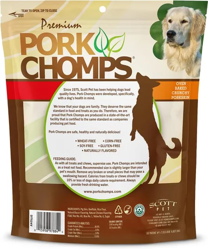 Vista 7 de Pork Chomps Masticables para perros, huesos crujientes de 4 pulgadas, sabor a tocino y pollo, 12