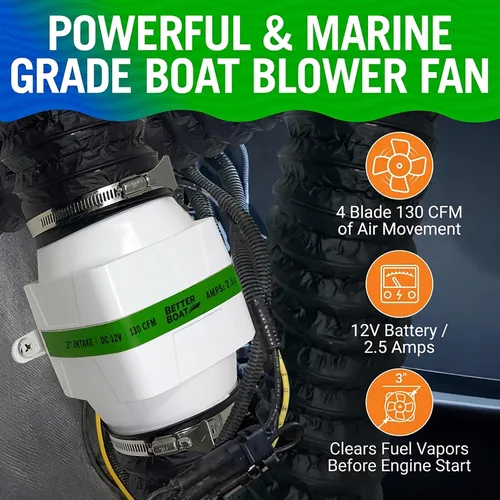 Vista 2 de Better Boat Boat Blower Fan 12V for Engine Compartment, Bilge, Galley and Head, Marine Grade Inline Duct Fan, Available in 3 or 4 Inch