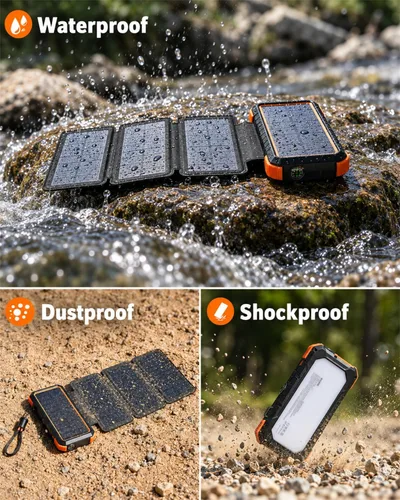 Vista 6 de BLAVOR Banco de energía solar 20,000mAh cargador portátil con 4 paneles Anaranjado encendido