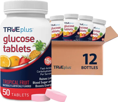 Vista 7 de TRUEplus® Tabletas de glucosa, sabor surtido (uva, frambuesa, naranja), botella de 50 unidades (1)