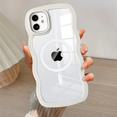Vista 33 de QLTYPRI Funda magnética para iPhone 11 compatible con Magsafe, bonita funda transparente con marco de onda rizada para niñas y mujeres, parachoques