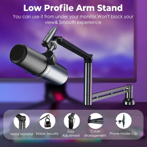 Vista 2 de CreaDream Brazo de brazo de micrófono, soporte de escritorio de bajo perfil con adaptador de tornillo, soporte para teléfono, columna de elevación