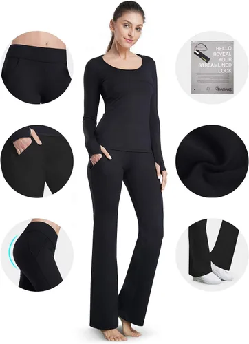 Vista 4 de Bamans Pantalones de vestir de yoga para mujer, corte de bota, bolsillos inclinados, acampanados anchos, pantalones largos de entrenamiento para yoga