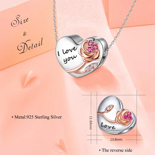 Vista 2 de Abalorios de plata de ley 925 con forma de corazón y flor de rosa 3D para pulseras, collares, bodas, día de San Valentín, día de la madre, regalo