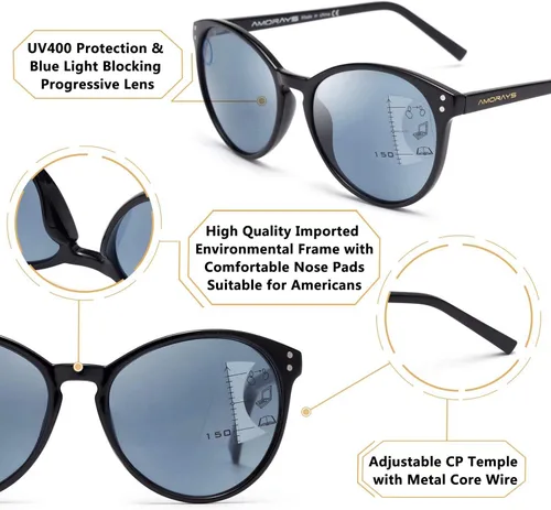 Vista 3 de Amorays Lentes de sol progresivos de lectura multienfoque para mujer, protección UV, parte superior multifocal, lectores solares trifocales