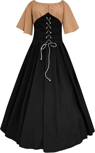 Vista 6 de SHOPESSA Vestido renacentista disfraz victoriano para mujer vestido de baile de retazos vestido medieval de manga acampanada con corsé
