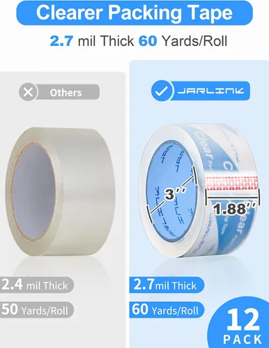Vista 3 de JARLINK 12 rollos de cinta de embalaje ultra transparente 2.7mil Thick and 1.88" Wide. 60 Yards per Roll, 720 Total Yards. Heavy Duty Packaging