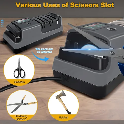 Vista 7 de Afilador de cuchillos eléctrico, 5 en 1, multifuncional, de 3 velocidades, variable, profesional, con pantalla LCD, para cuchillos rectos, dentados